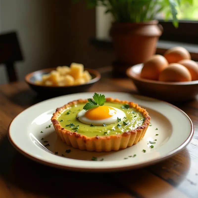 Tartaletas de aguacate y huevo al horno, receta keto con yema líquida, queso feta y tomate cherry, servidas en molde metálico sobre fondo de madera rústica.