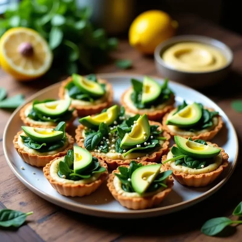 Tartaletas veganas con base dorada de harina de almendra, rellenas de hummus cremoso, espinacas frescas y rodajas de aguacate, decoradas con semillas de sésamo.