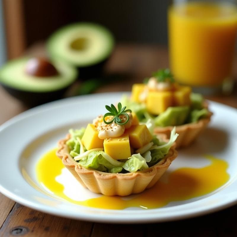 Tartaleta crujiente rellena de capas de aguacate cremoso, surimi desmenuzado y lechuga, coronada con salsa de mango y lima de color amarillo vibrante. Decorada con cebollino fresco y semillas de sésamo. Plato de presentación blanca sobre fondo rústico.