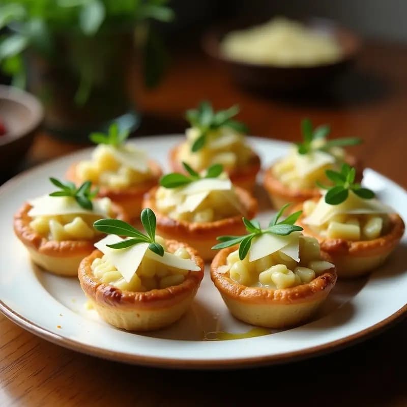 Tartaletas doradas de alcachofa y parmesano al horno, con masa crujiente y relleno cremoso, servidas en plato blanco sobre fondo rústico.