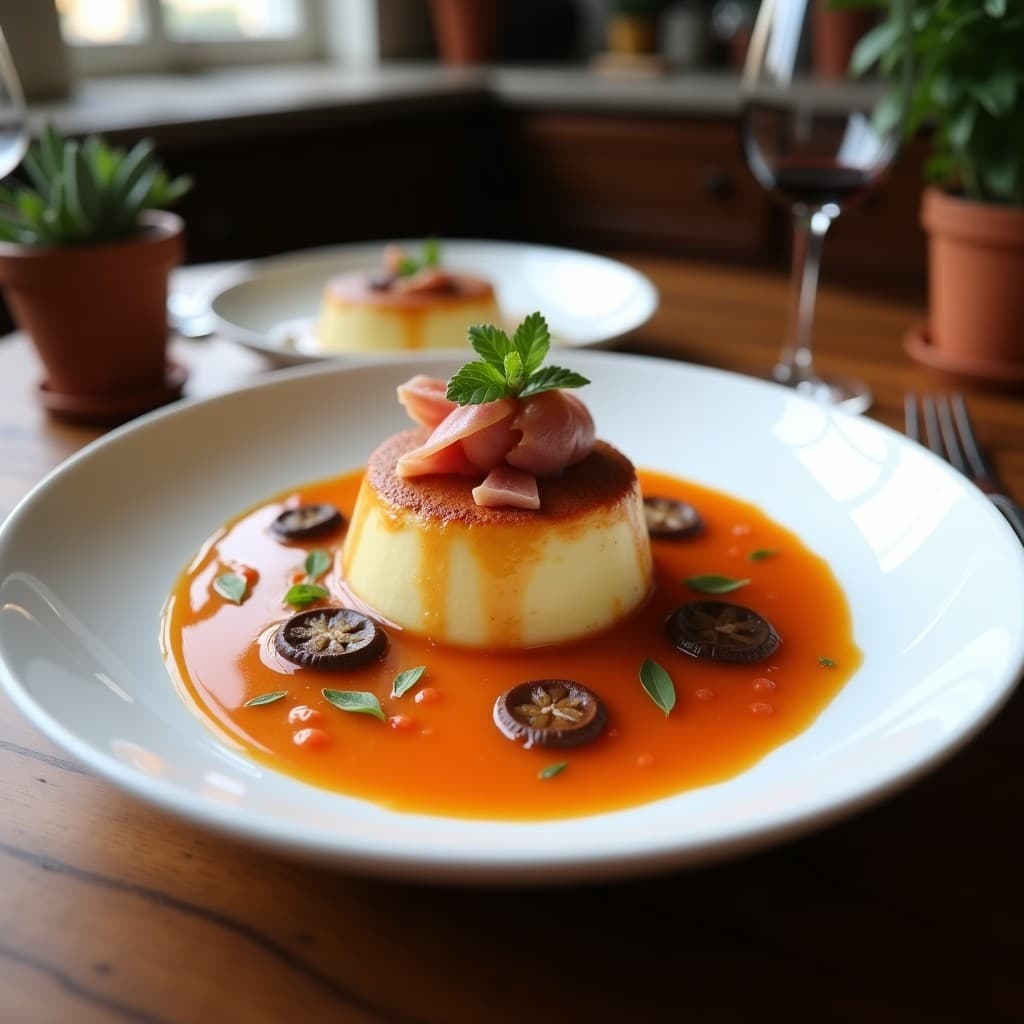 Tartaletas doradas en moldes individuales con crema de ajo negro espesa, alcachofas en cuartos y láminas de prosciutto crujiente, sobre una bandeja de madera rústica con hierbas frescas.