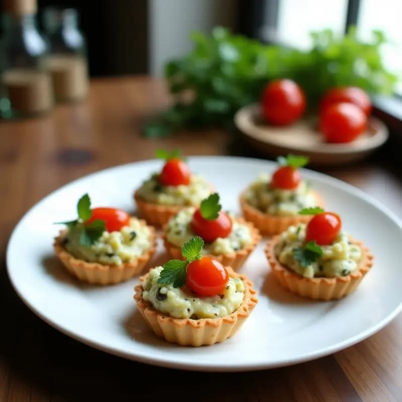 Tartaleta crudivegana con base de galleta de arroz, rellena de crema de queso de anacardo y alcachofas picadas, decorada con tomate cherry y perejil fresco. Plato blanco sobre fondo rústico de madera.