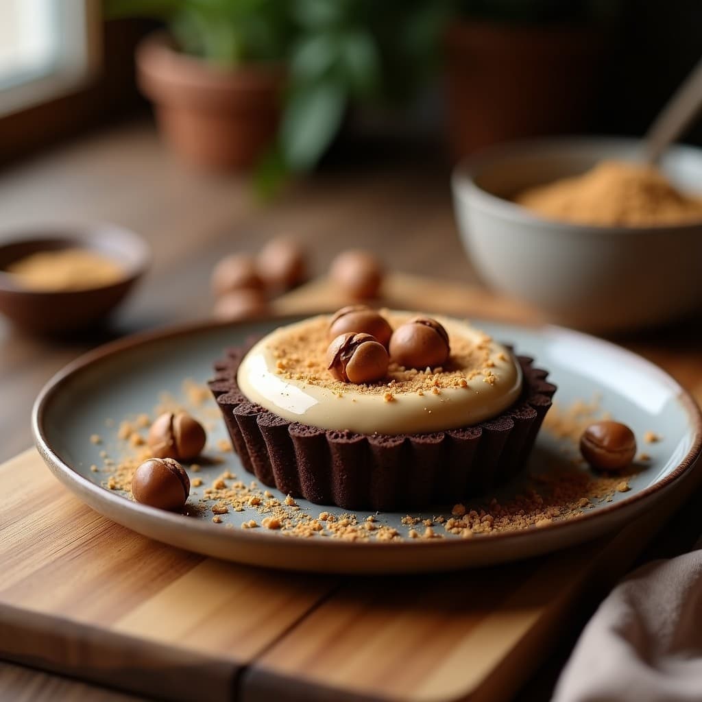 Tartaleta keto de algarroba y avellanas sin azúcar, con base crujiente de avellanas tostadas y relleno cremoso de coco y cacahuete, decorada con trocitos de avellana. Postre español tradicional reinventado en versión saludable.