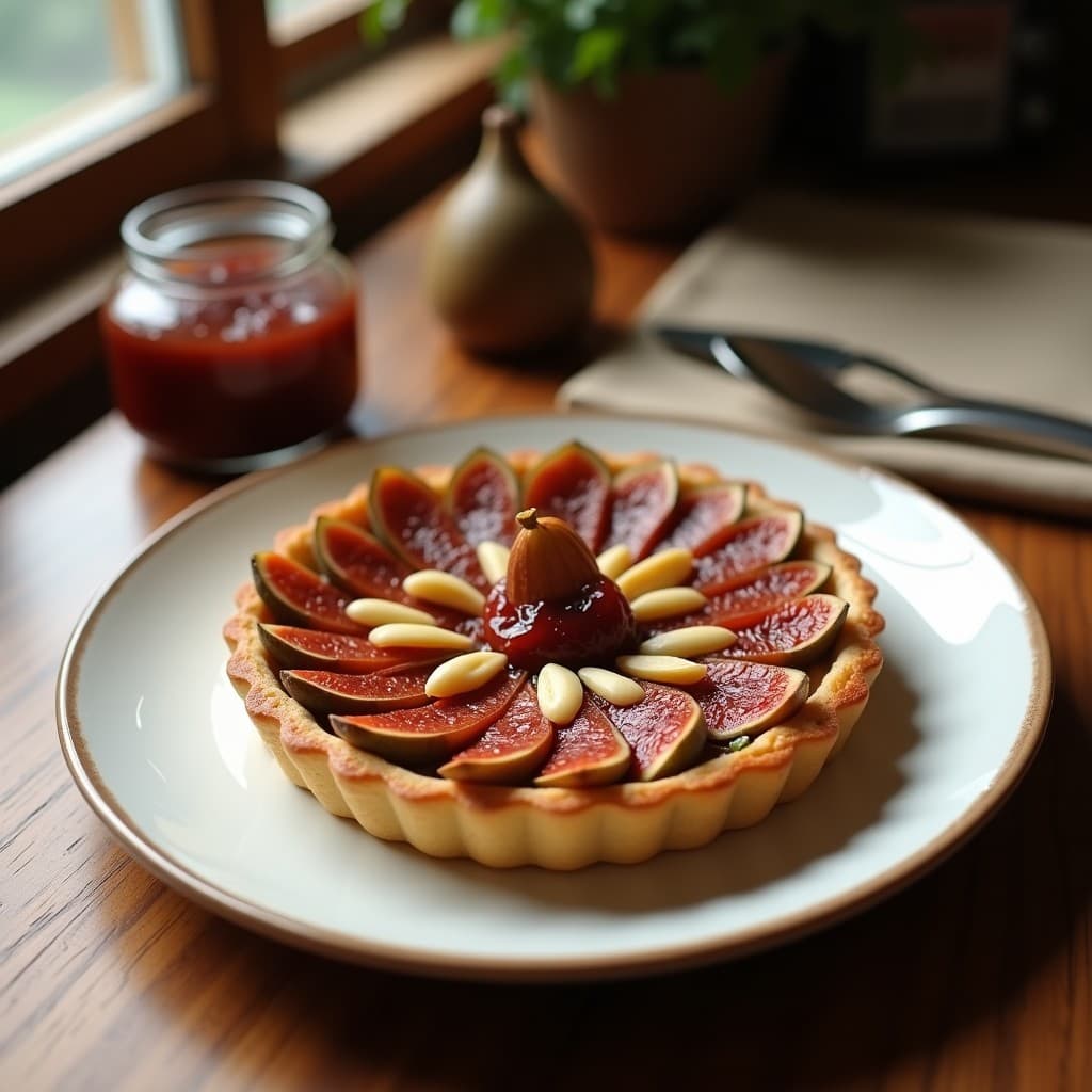 Tartaletas veganas sin horno con base crujiente de almendras y dátiles, rellenas de crema de algarroba y mermelada de higos, decoradas con semillas de sésamo. Plato con toque mediterráneo y presentación elegante.