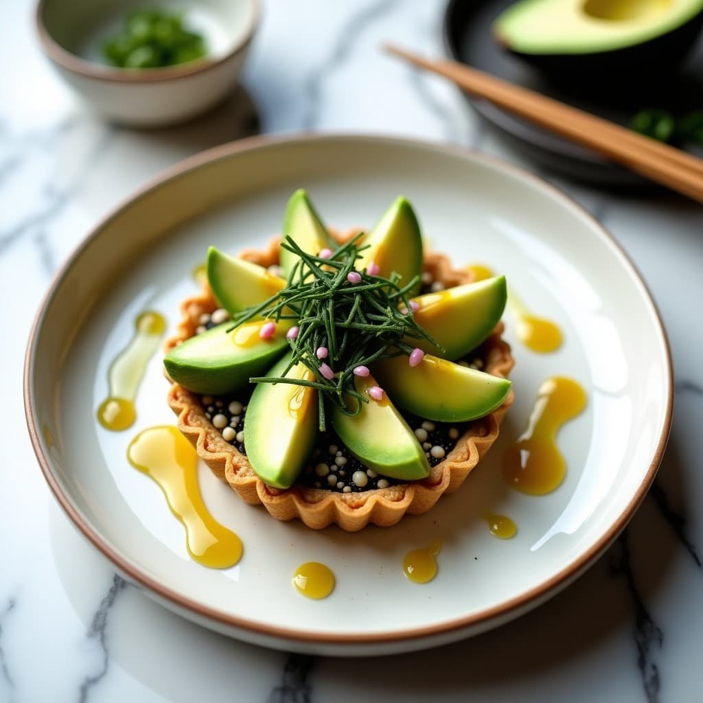 Tartaleta vegana y sin gluten con base crujiente de semillas de girasol y lino, rellena de cremoso aguacate y algas wakame, decorada con vinagreta de yuzu, semillas de sésamo negro y pimienta rosa sobre un plato de cerámica blanca.