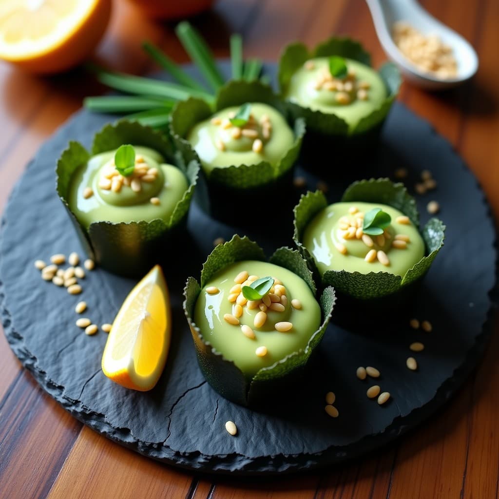 Tartaleta japonesa keto con base crujiente de algas nori rellena de crema de aguacate suave, decorada con semillas de sésamo y cebollino, con un toque cítrico de yuzu.