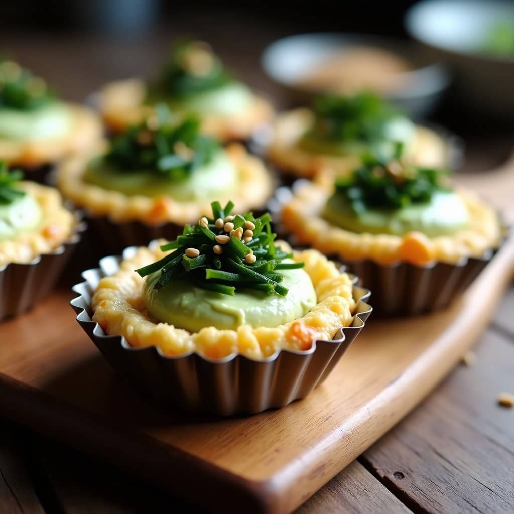 Tartaleta japonesa keto sin horno con base crujiente de copos de coco, rellena de queso vegano cremoso de anacardos y aguacate, coronada con algas wakame picadas y semillas de sésamo negro, servida en molde individual sobre tabla de madera.
