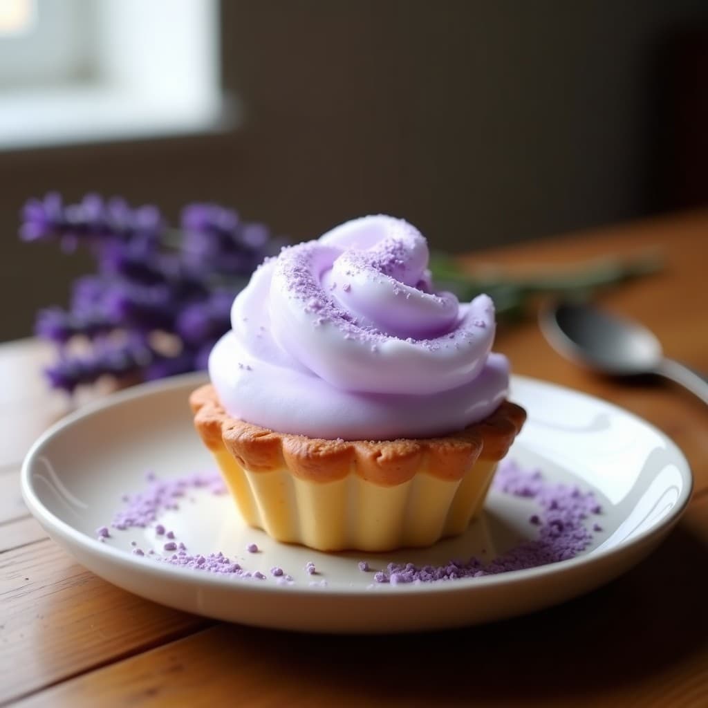 Tartaleta vegana de algodón de azúcar y lavanda servida en molde individual, con base dorada y esponjosa, coronada por una nube de algodón de azúcar blanco y un toque de lavanda morada en polvo. Postre francés fácil hecho en airfryer.