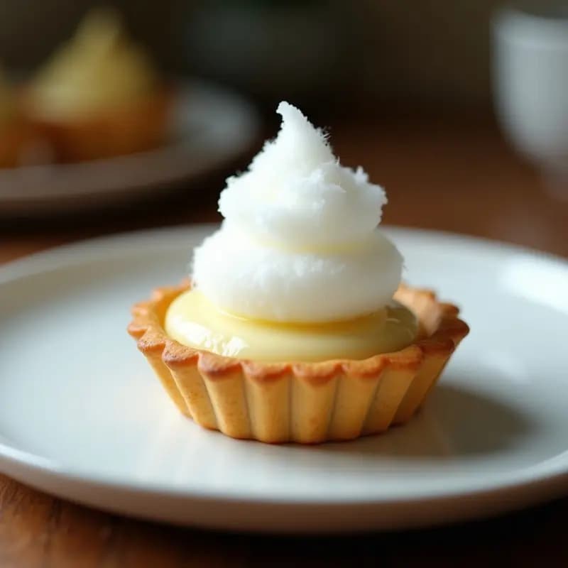 Tartaleta francesa en molde individual con base dorada de galleta, relleno cremoso de queso Philadelphia y corona de algodón de azúcar blanco esponjoso, servida en plato blanco sobre fondo rústico.
