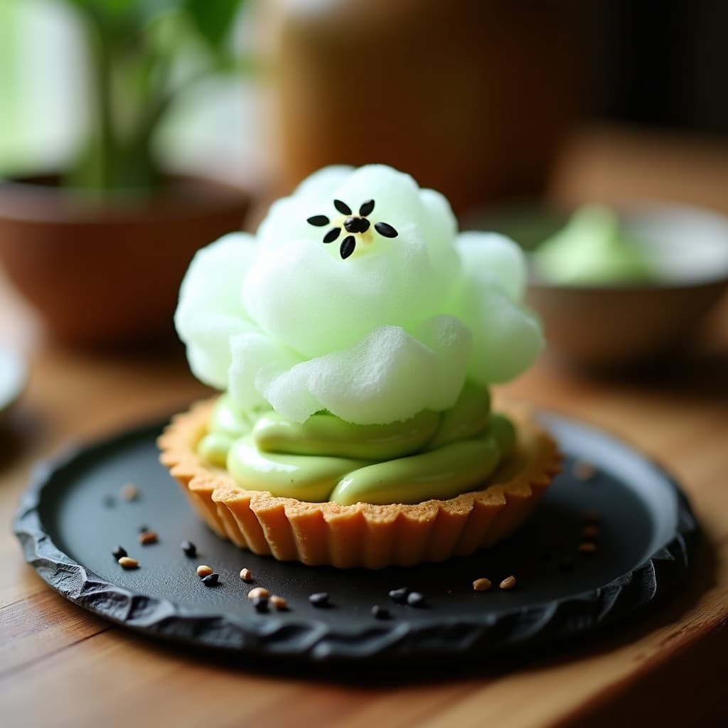 Tartaleta japonesa con base dorada de harina de almendra, relleno cremoso verde de wasabi y capa superior de algodón de azúcar esponjoso, decorada con semillas de sésamo negro sobre fondo oscuro.