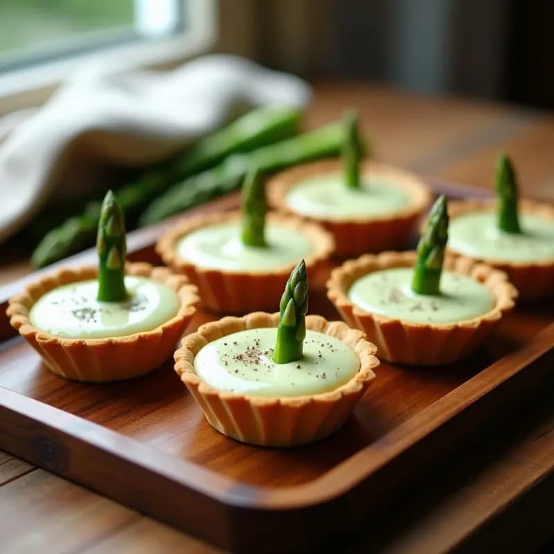 Tartaletas doradas de harina de almendra rellenas de crema de espárrago blanco, decoradas con puntas de espárrago y pimienta negra, servidas en una bandeja de madera rústica. Receta europea sin gluten.
