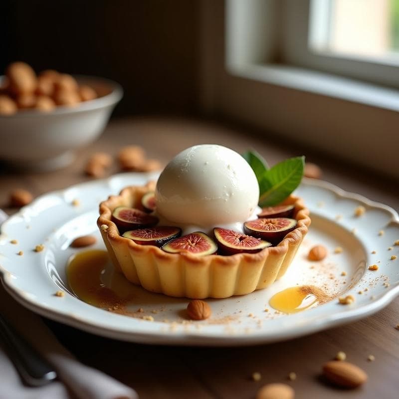 Tartaleta de Almendra y Higos Rellenos: Postre Sin Gluten con Helado de Yogur Griego