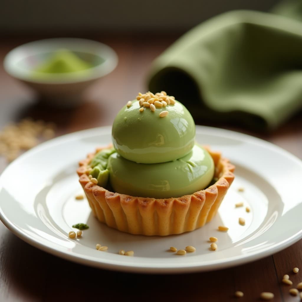 Tartaleta de almendra dorada con base crujiente, rellena de helado de té verde cremoso y decorada con semillas de sésamo tostadas, postre japonés gourmet sin gluten.