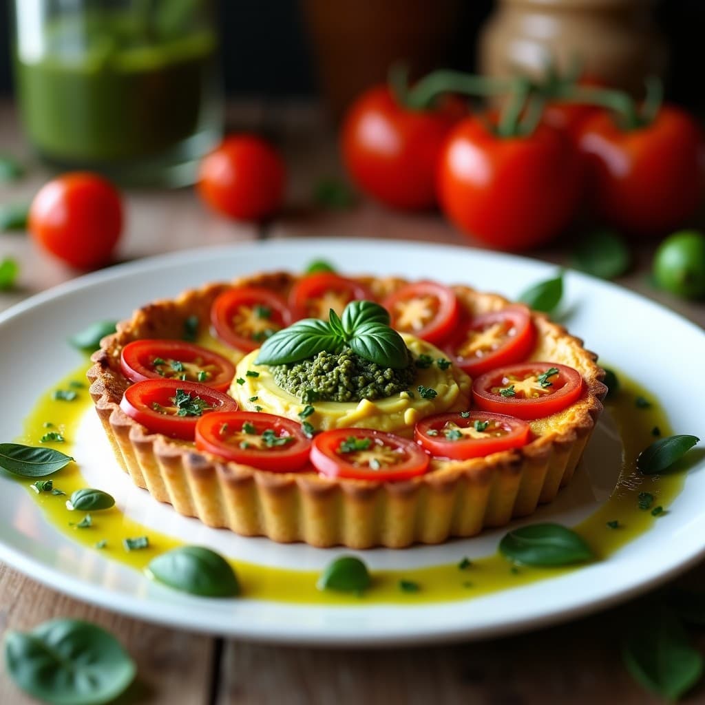 Tartaleta de base dorada de almendras rellena de pesto verde cremoso de rúcula, decorada con tiras de tomates secos y rodajas de aceitunas Kalamata, servida en plato blanco sobre fondo rústico de madera.