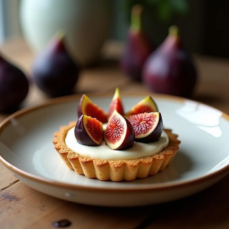 Tartaleta individual con base dorada de avellanas, rellena de crema de ricotta vegana blanca y coronada con láminas de higos frescos brillantes, postre italiano sin gluten sobre fondo rústico de madera.