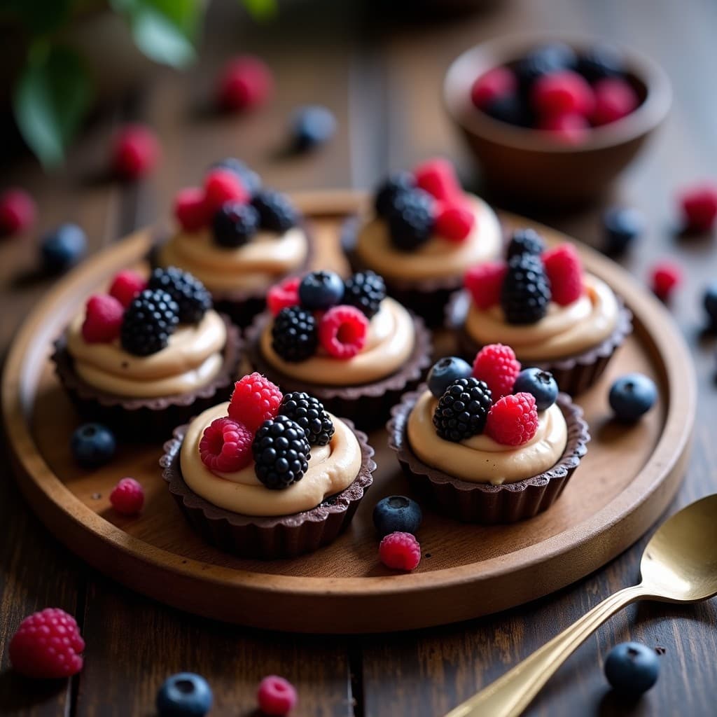 Tartaleta crudivegana de base de cacao oscuro con crema de lúcuma beige y frutos del bosque frescos (arándanos, frambuesas y moras) como decoración, servida en moldes individuales sobre fondo de madera rústica.