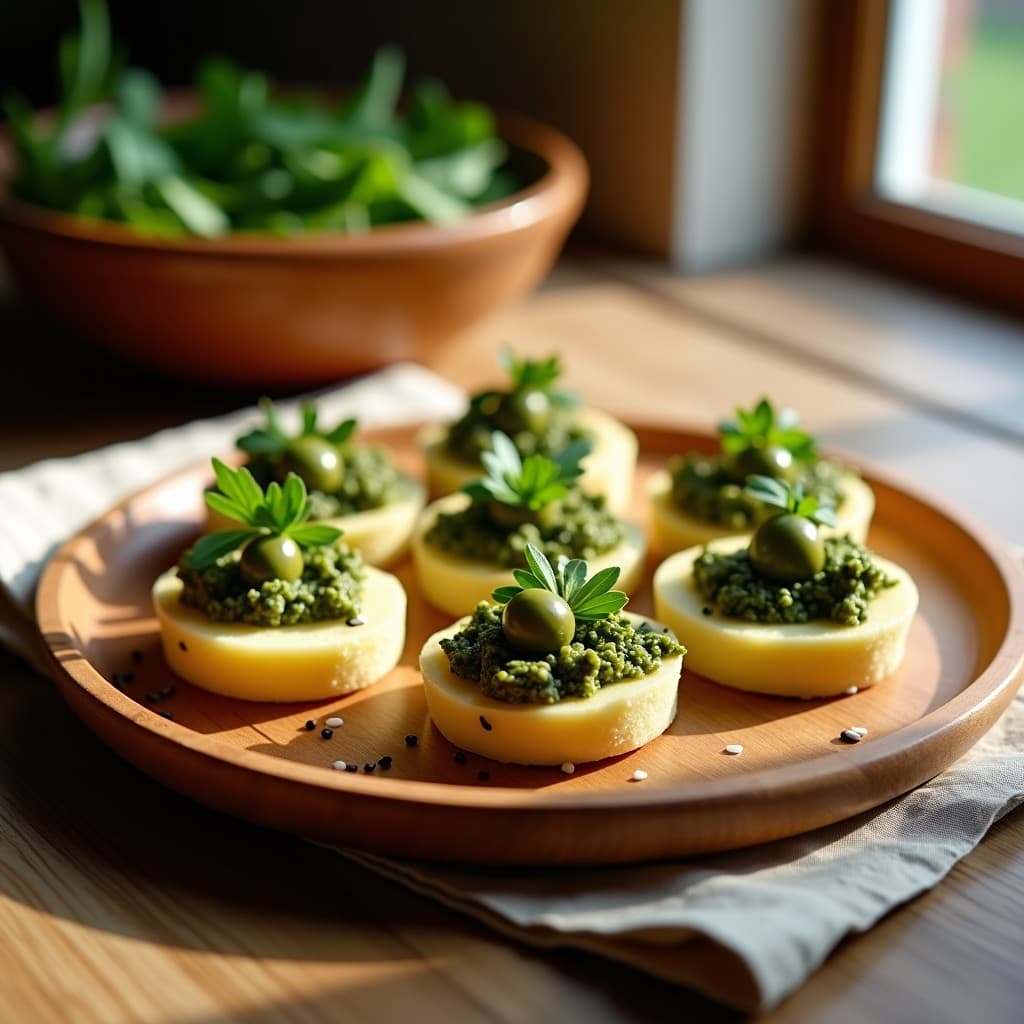 Tartaletas keto de batata blanca con pesto de rúcula verde vibrante, decoradas con piñones tostados y un hilo de aceite de oliva, servidas en plato blanco sobre fondo rústico de madera.