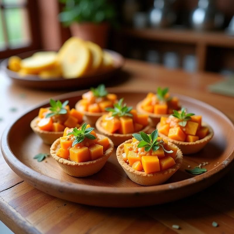 Tartaletas doradas de harina de garbanzo rellenas de cubos de batata blanca cocida y salsa romesco de almendras cremosa, decoradas con perejil fresco y virutas de apio sobre un plato de madera rústico.