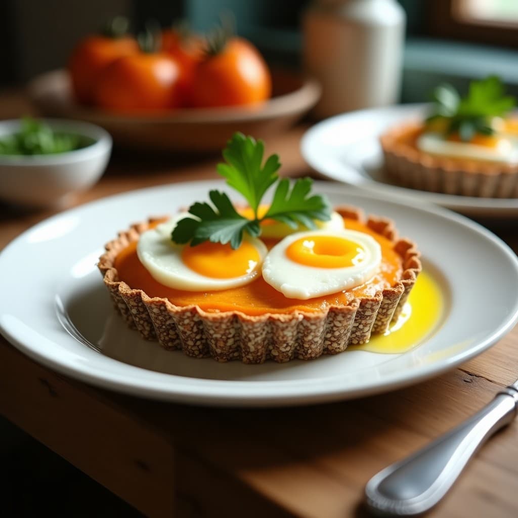 Tartaleta keto de batata y merluza con costra dorada de semillas de chía, lino y amapola, horneada en molde individual, servida en plato blanco con perejil fresco y aceite de oliva virgen extra.