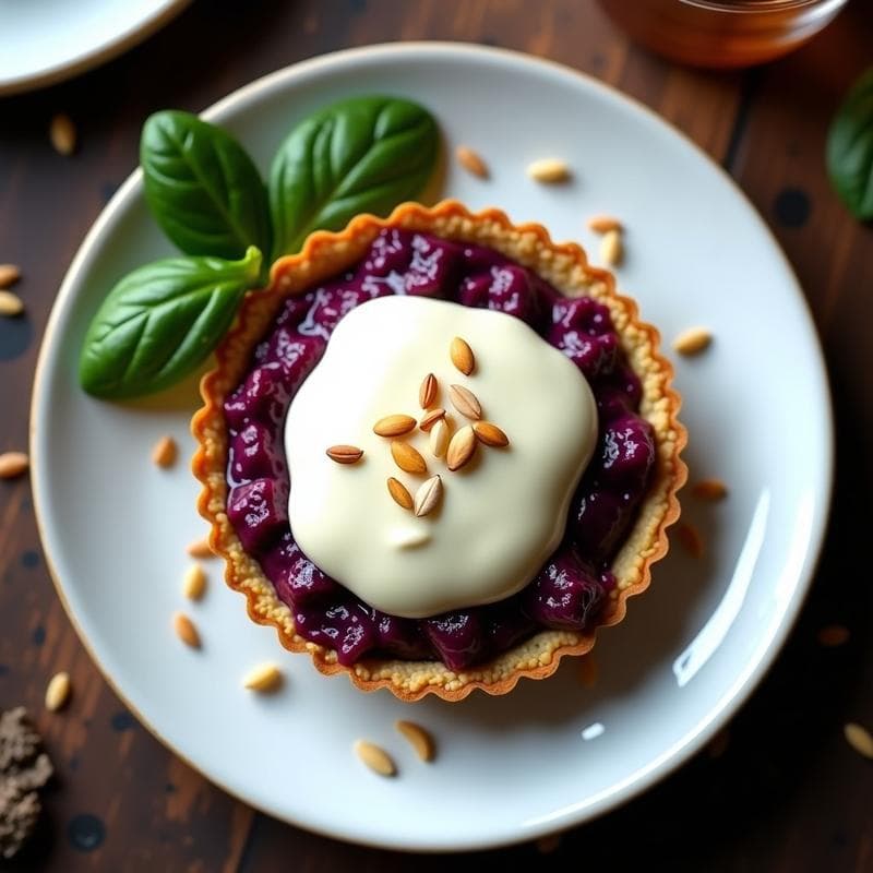Tartaleta individual de batata morada asada en espiral, rellena de espinacas verdes y crema bechamel de anacardos, decorada con semillas de sésamo tostadas sobre fondo rústico de madera.