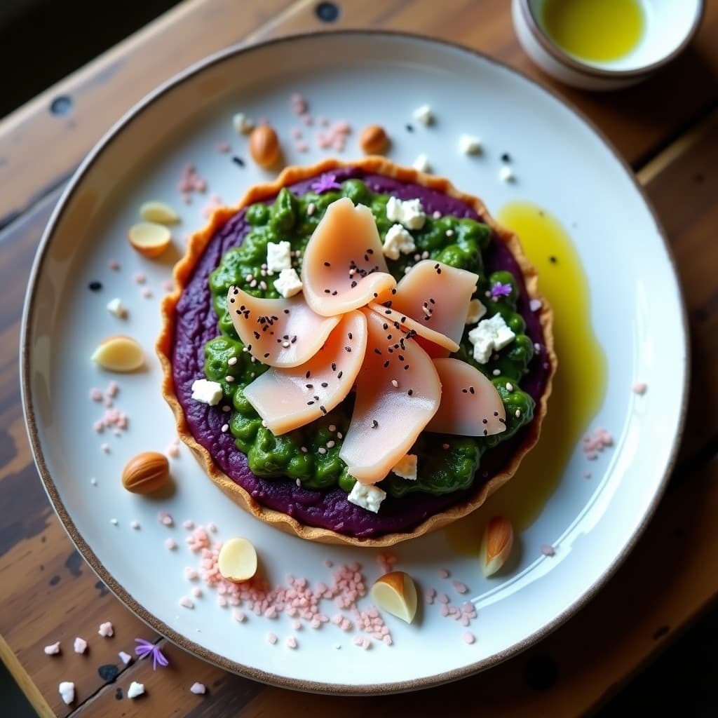 Tartaleta de batata morada con base vibrante púrpura, rellena de merluza ahumada desmenuzada, pesto de rúcula verde intenso, queso feta blanco y decoración de sésamo negro y alga nori, servida en plato blanco con toque gourmet.