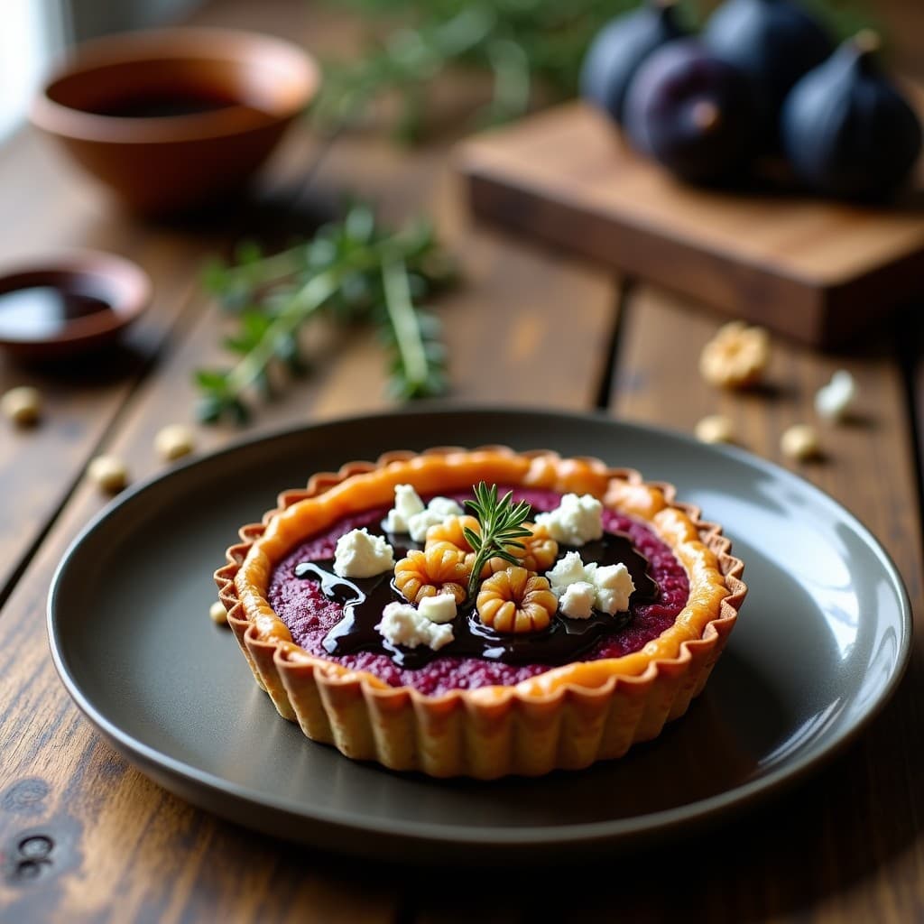 Tartaleta de batata morada y queso azul en airfryer, con base crujiente de avena y semillas, decorada con coulis de higo negro y nueces picadas, servida en molde de silicona sobre tabla de madera rústica.