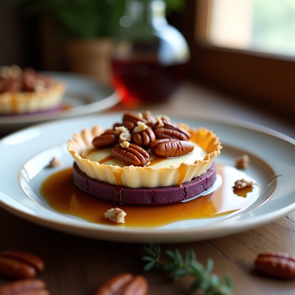 Tartaleta individual con base crujiente de batata morada en capas, rellena de crema de queso cajún especiado y coronada con pecanas tostadas. Postre americano sin gluten con colores vibrantes y textura contrastada.