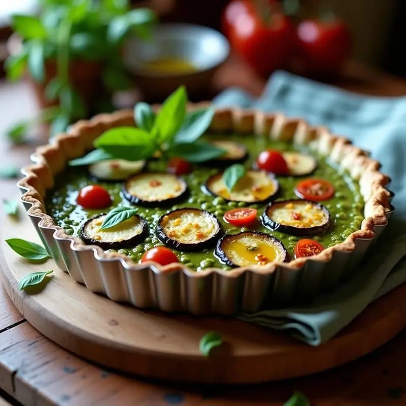 Tartaleta vegana italiana sin masa con capas de berenjena asada dorada, pesto verde de rúcula y anacardos, decorada con tomates cherry rojos y piñones tostados, servida en plato blanco rústico.