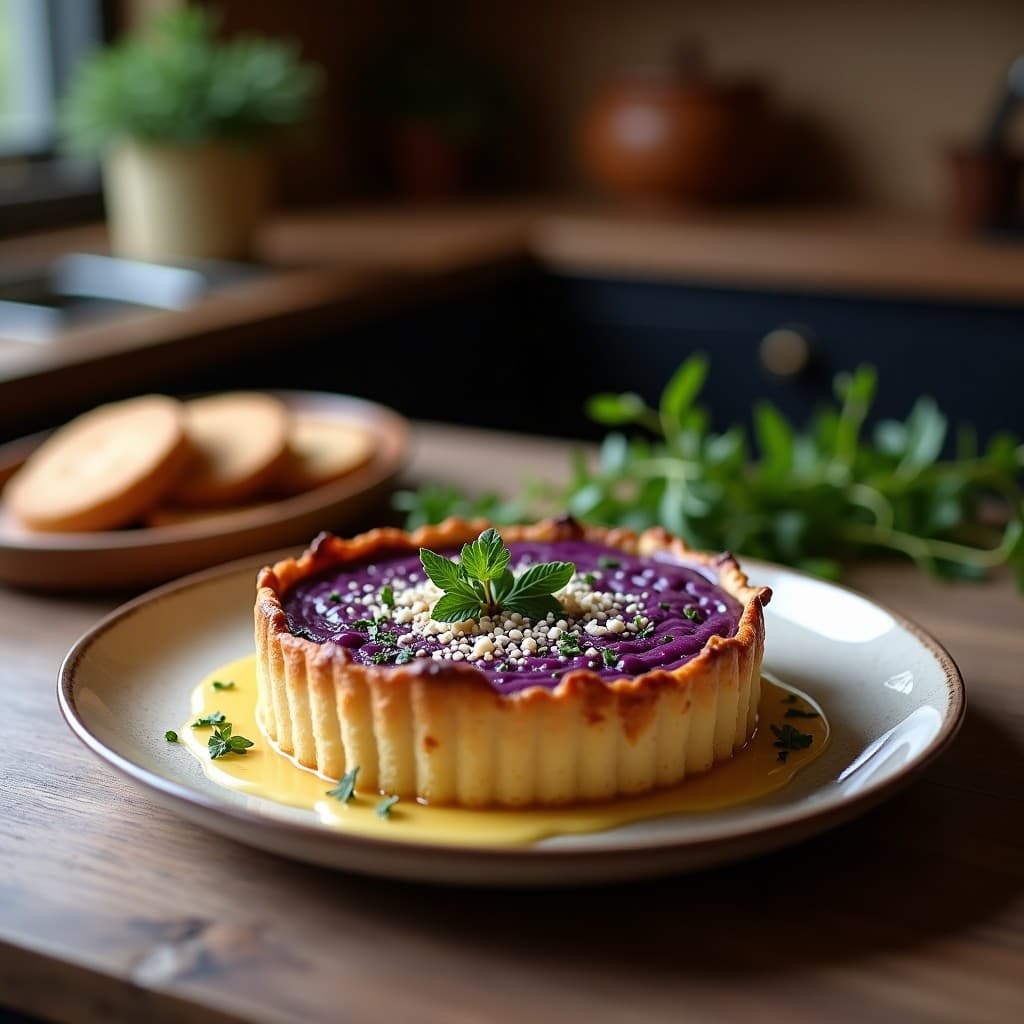 Tartaletas veganas de boniato morado con relleno cremoso de queso de anacardos, decoradas con hierbas provenzales, servidas en moldes individuales sobre una tabla de madera rústica. Receta Thermomix.