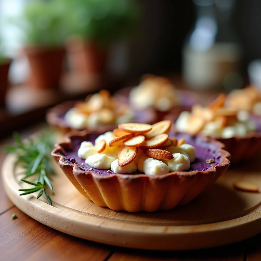 Tartaleta vegana en cáscara de boniato morado asado, rellena de crema de anacardos y queso de cabra ahumado desmenuzado, decorada con almendras fileteadas doradas y un hilo de miel de agave, sobre fondo rústico de madera.