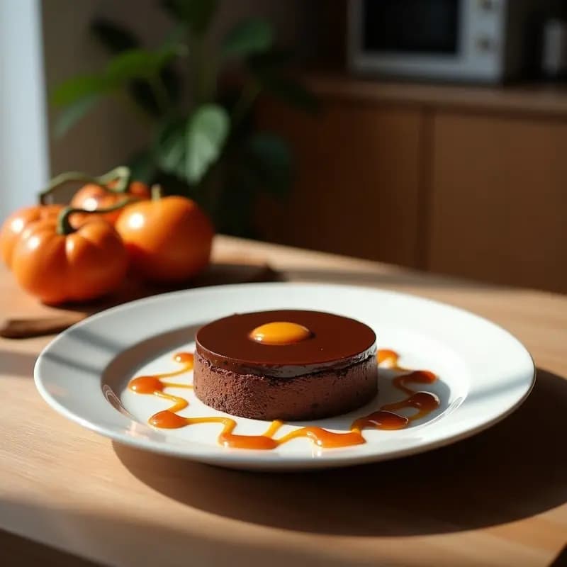 Tartaleta francesa vegana sin azúcar con base crujiente de avena y dátiles, rellena de crema de castaña y cacao, decorada con trozos de castaña y espolvoreada con cacao en polvo sobre fondo rústico de madera.