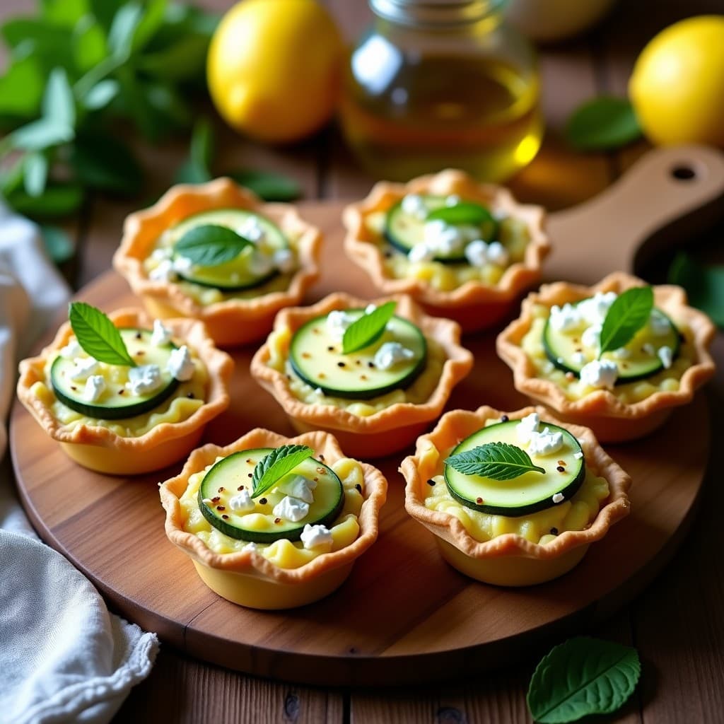Tartaletas doradas de calabacín y queso feta en molde de silicón, decoradas con rodajas de calabacín, hojas de menta fresca y semillas de sésamo, sobre fondo rústico de madera.