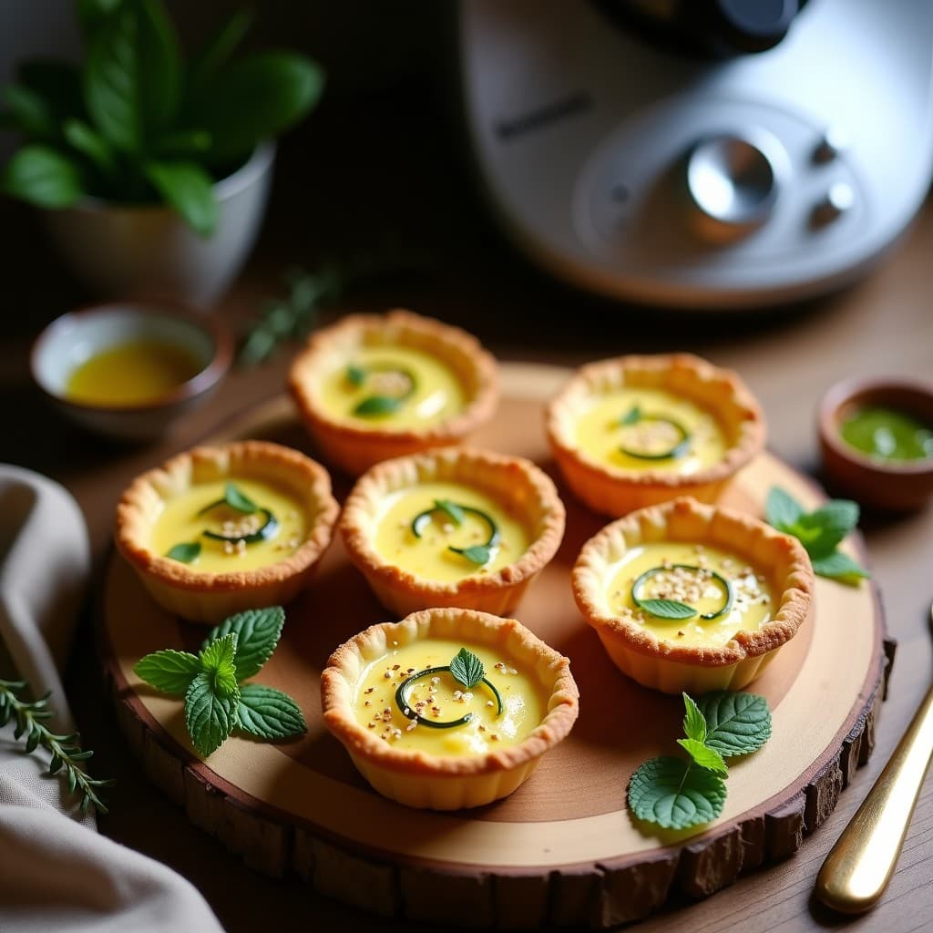 Tartaletas doradas de calabacín sin masa en moldes individuales, rellenas de queso de cabra cremoso con miel de tomillo, decoradas con rodajas finas de calabacín crudo y semillas de sésamo. Plato elegante de entrante francés hecho en Thermomix.