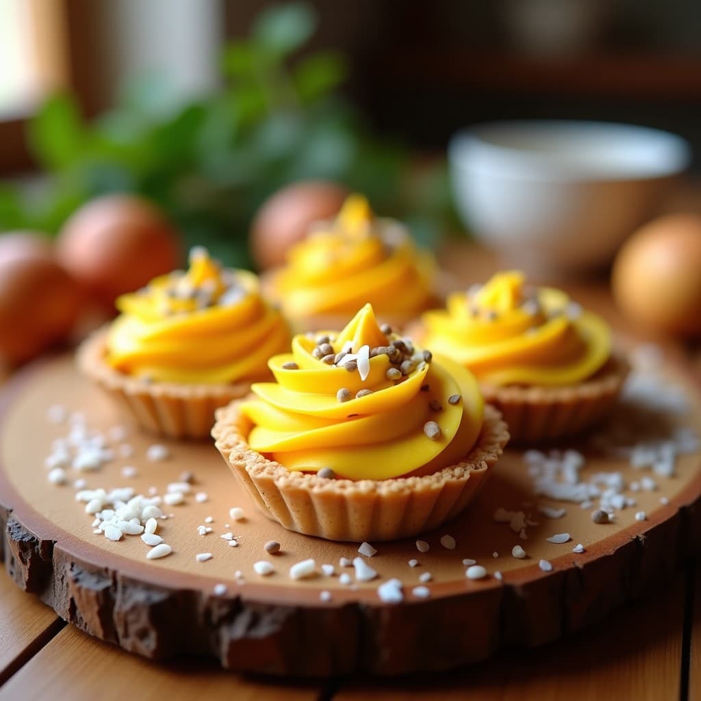 Tartaleta keto sin azúcar con base dorada de almendra y coco, rellena de crema sedosa de camu camu y maracuyá, decorada con semillas de chía y coco rallado sobre fondo rústico de madera.