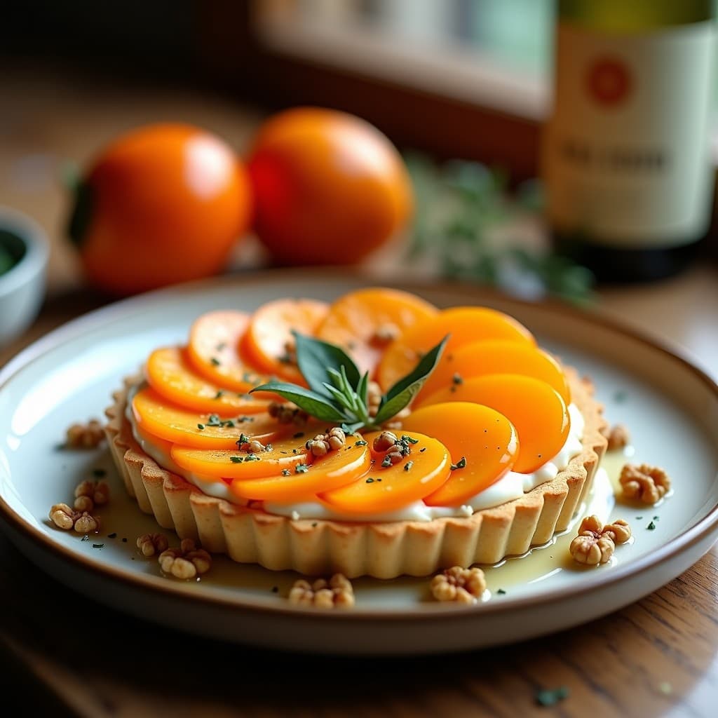 Tartaleta de masa quebrada dorada con queso de cabra cremoso, láminas de caqui persimon en abanico, reducción brillante de vino blanco y nueces picadas, decorada con tomillo fresco sobre fondo rústico.