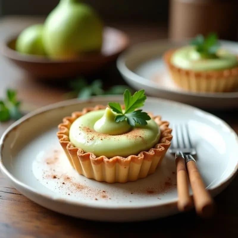 Tartaleta individual con base dorada de harina de castaña y relleno cremoso de color verde claro de crema de apio, decorada con canela en polvo. Postre francés keto sin azúcar sobre un plato blanco rústico.