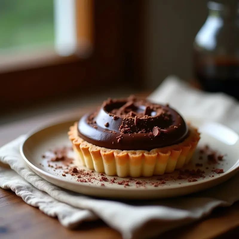 Tartaleta francesa sin harina con base dorada de harina de castaña y crema brillante de chocolate amargo, decorada con virutas de chocolate sobre fondo rústico.