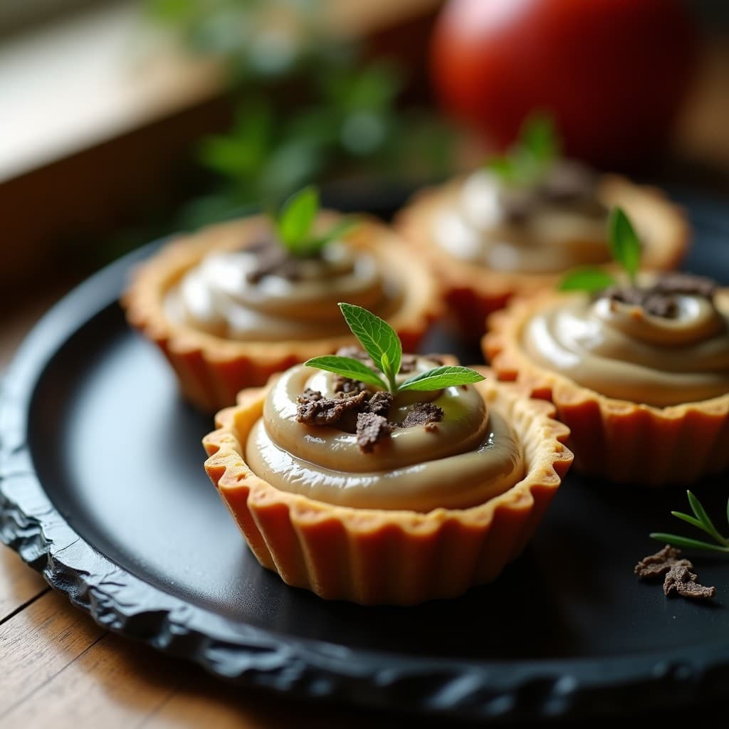 Tartaleta vegana francesa con base dorada de castañas, rellena de crema espesa de champiñones portobello y decorada con láminas de trufa negra y tomillo fresco.