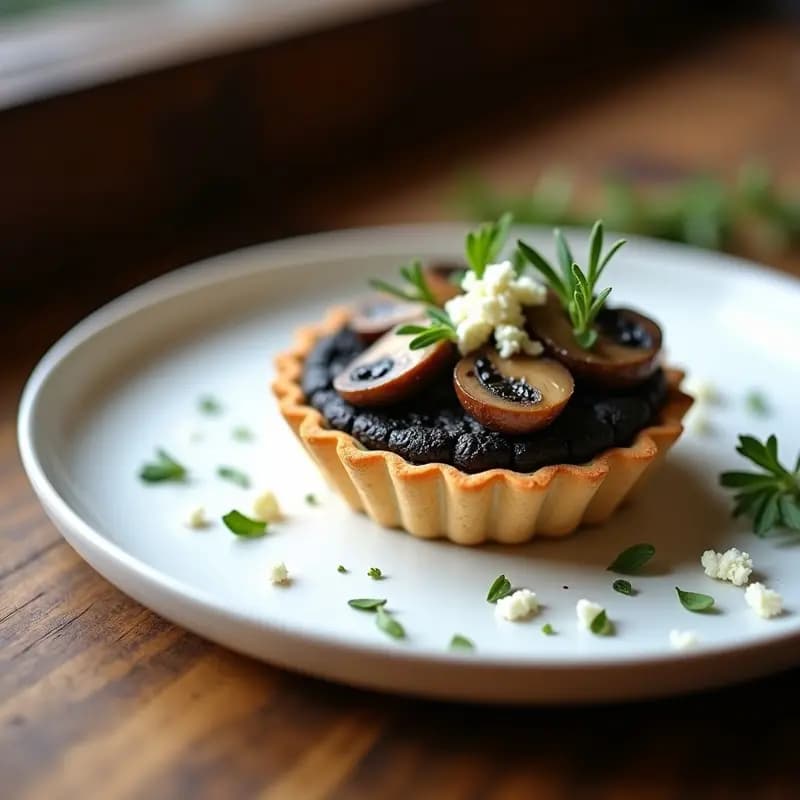 Tartaleta individual con base dorada de almendra, rellena de paté oscuro de aceitunas negras y coronada con láminas de champiñón Portobello y queso de cabra desmenuzado, sobre fondo rústico de madera.