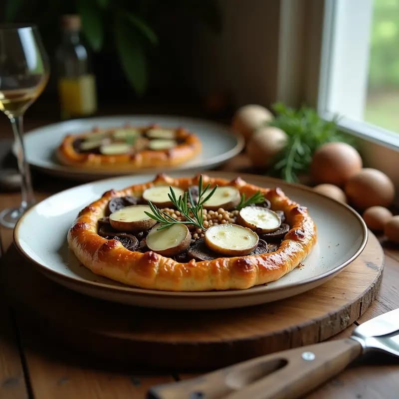 Tartaleta de champiñones y queso azul en molde de silicona, con base de galette de sarrasin dorada, rellena de champiñones portobello salteados y cremoso queso azul de Normandía, decorada con nueces picadas y tomillo fresco. Receta francesa gourmet para aperitivos elegantes.