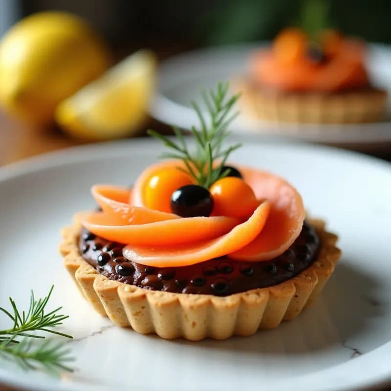 Tartaleta gourmet con base de galleta crujiente, crema de chocolate negro brillante, aceitunas negras picadas y láminas de salmón ahumado decoradas con huevas de trucha y eneldo fresco sobre fondo blanco minimalista.
