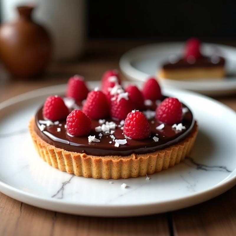 Tartaleta vegana francesa con base crujiente de chocolate y relleno cremoso de aguilar de frambuesa, decorada con frambuesas frescas, almendras fileteadas y azúcar glass sobre fondo blanco.