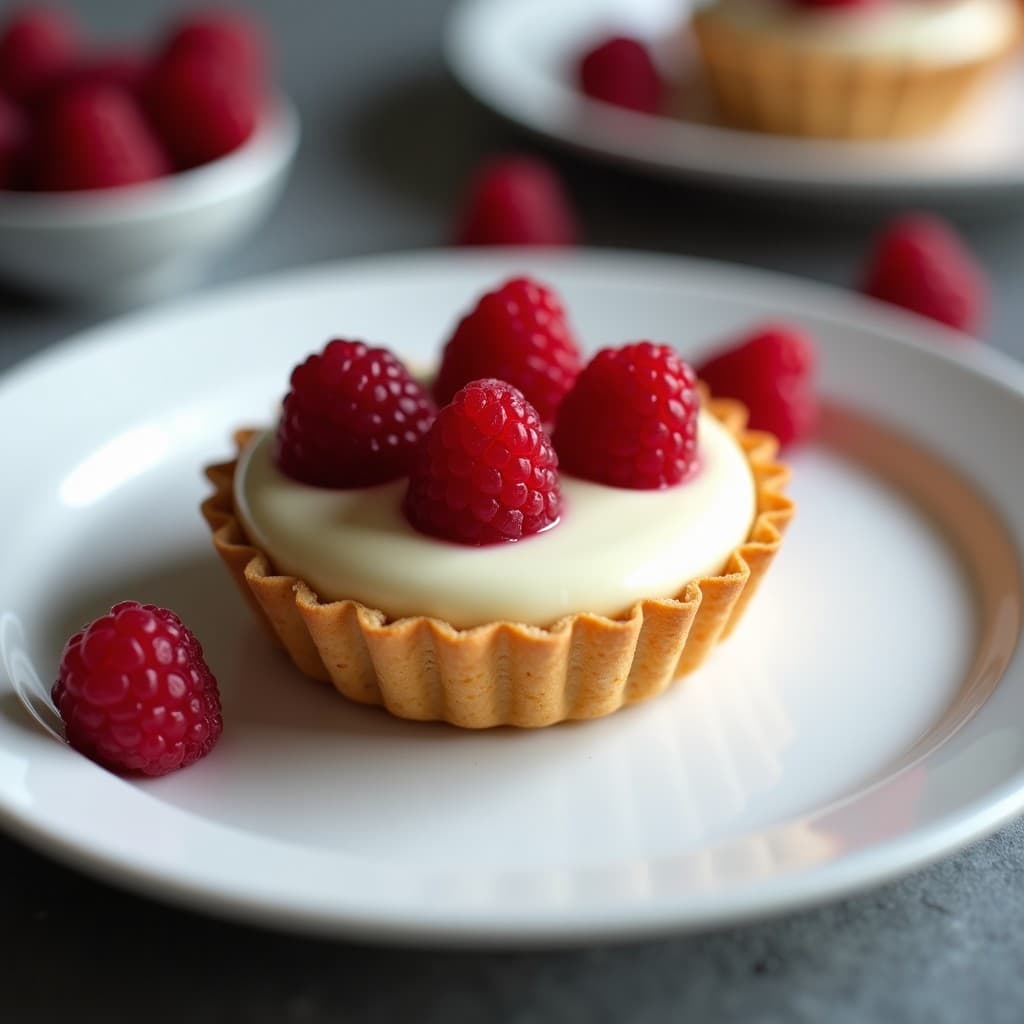 Tartaleta keto de chocolate blanco con base crujiente de almendra, relleno cremoso y frambuesas liofilizadas en la superficie, servida en molde individual sobre fondo blanco.