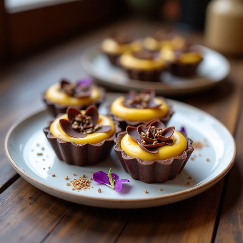 Tartaletas peruanas keto sin horno con base crujiente de chocolate negro y cañihua, rellenas de crema sedosa de lucuma, decoradas con virutas de chocolate sobre un plato de cerámica blanca con fondo rústico.