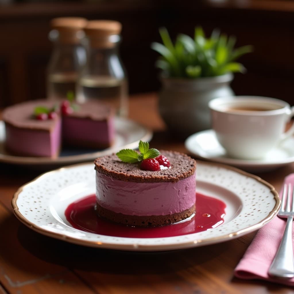 Tartaleta individual con base de chocolate negro crujiente y crema de batata morada vibrante, decorada con frambuesas frescas y cacao en polvo espolvoreado sobre fondo blanco.