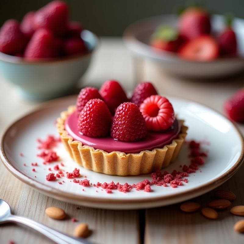 Tartaleta individual con base dorada de almendra y avellana, rellena de crema de chocolate rubí brillante y decorada con frambuesas y fresas frescas en círculo sobre fondo blanco rústico.