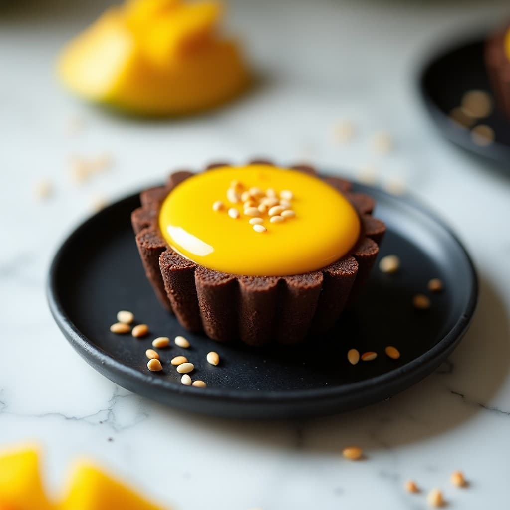 Tartaleta japonesa sin azúcar con base crujiente de chocolate negro y wasabi, rellena de crema gelificada de mango maduro, decorada con cubos de mango fresco sobre fondo oscuro.