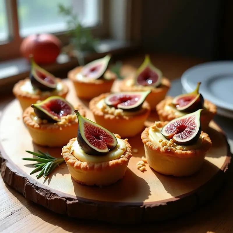 Tartaletas doradas de masa quebrada con rodajas de queso de cabra gratinado, gajos de higo fresco, nueces picadas y un hilo de miel, sobre bandeja de madera rústica con romero.
