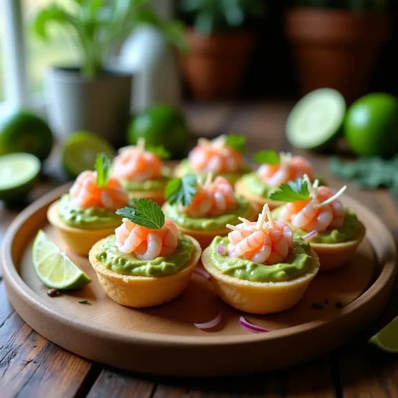 Tartaletas gourmet de crustáceos con aguacate y lima, servidas en bases doradas de masa quebrada, decoradas con cebolla morada y cilantro fresco.