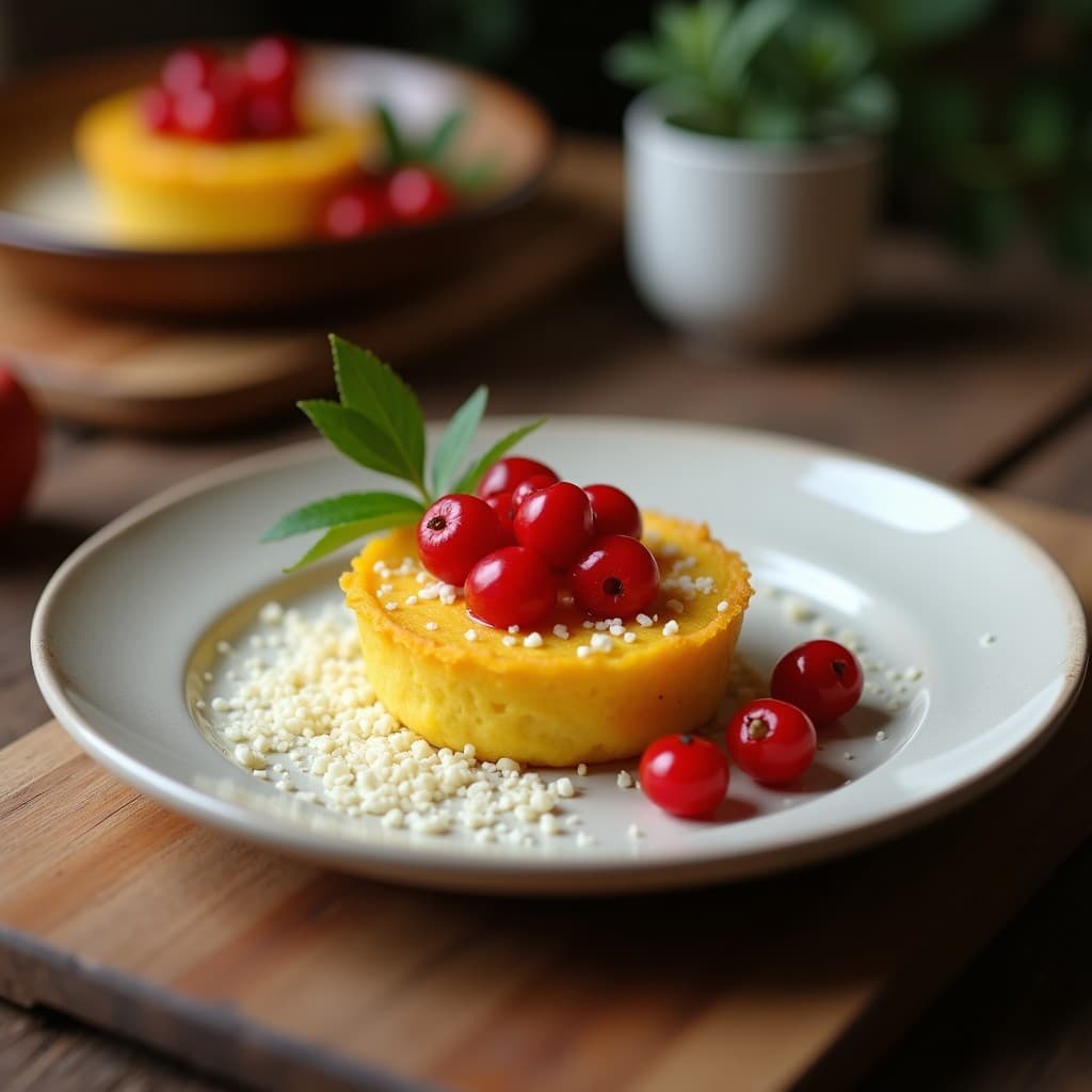 Tartaleta ayurvédica en molde individual con base dorada de anacardos, rellena de crema amarilla de cúrcuma y coco, coronada con frambuesas y arándanos frescos, semillas de chía y coco rallado espolvoreado.
